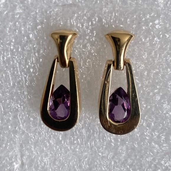 Beautiful Solid 14KG Teardrop Faceted  Amethyst Stone Dangle Earrings. Elegant! - Picture 4 of 8
